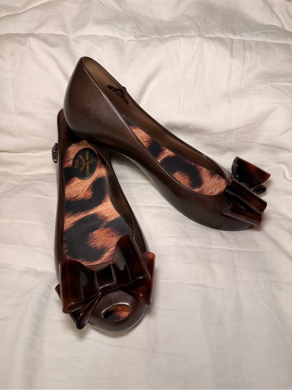 Melissa x Vivienne Westwood Brown Peep-Toe Bow Flats - Size 6